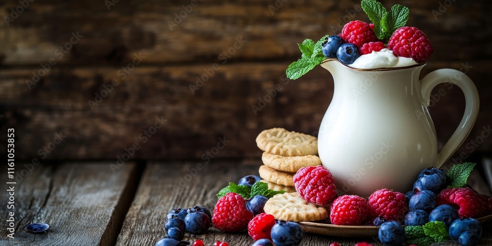 Milk jug with fresh berries, sour cream, and cookies elegantly arranged on a wooden background, creating a delightful and inviting scene perfect for showcasing milk jug presentations and desserts. Milk jug with fresh berries, sour cream, and cookies elegantly arranged on a wooden background, creating a delightful and inviting scene perfect for showcasing milk jug presentations and desserts.