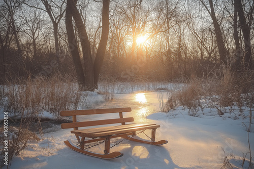 Einsam stehender Schlitten in verschneiter Winterlandschaft bei Sonnenaufgang

 photo