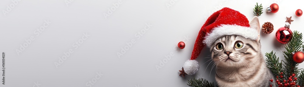 Festive Illustration of a Scottish Fold Cat Wearing a Santa Hat Among Holiday Decorations and Pine Branches Festive Illustration of a Scottish Fold Cat Wearing a Santa Hat Among Holiday Decorations and Pine Branches