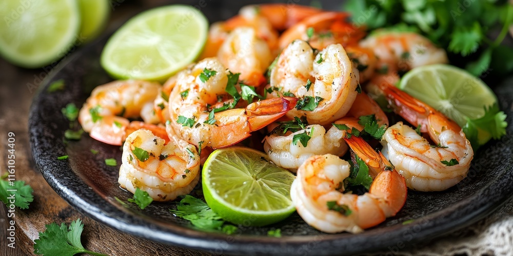 Delicious sea shrimp prepared with soy sauce, garlic, and fresh parsley, garnished with lime slices for a healthy food option. Enjoy the flavors of sea shrimp in this nutritious dish. Delicious sea shrimp prepared with soy sauce, garlic, and fresh parsley, garnished with lime slices for a healthy food option. Enjoy the flavors of sea shrimp in this nutritious dish.