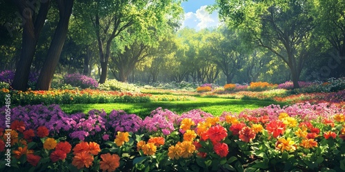 Fototapeta Naklejka Na Ścianę i Meble -  Beautiful scenery of a vibrant flower park showcasing diverse blooms, ideal for capturing the essence of nature s beauty in a flower park setting. Enjoy the serene atmosphere of the flower park.