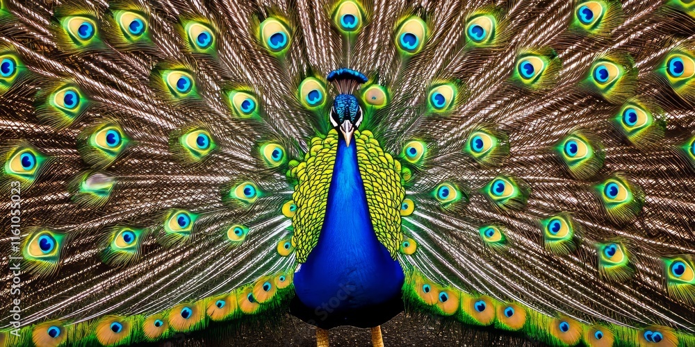 Obraz premium Beautiful peacock bird showcasing its stunning feathers, creating a vibrant background. The peacock bird stands out as an exquisite example of nature s beauty in the animal kingdom.