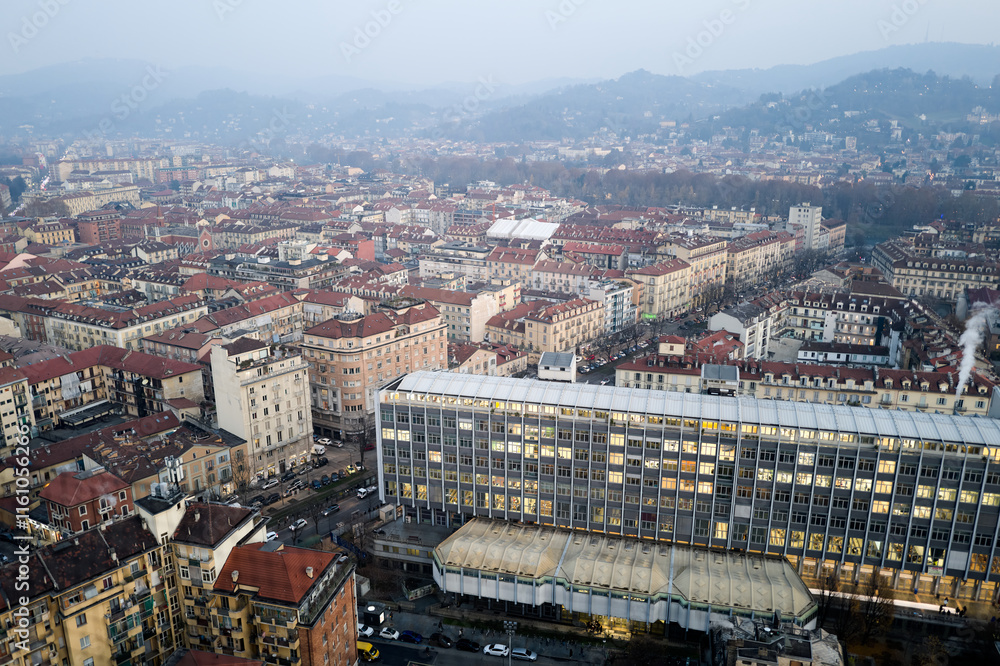 Obraz premium Views of the city of Turin at sunset from the dome of the Mole Antonelliana