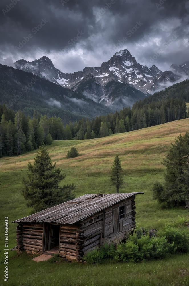 Secluded Mountain Cabin: A rustic wooden cabin stands solitary in a lush green meadow, dwarfed by majestic snow-capped peaks under a dramatic stormy sky. Secluded Mountain Cabin: A rustic wooden cabin stands solitary in a lush green meadow, dwarfed by majestic snow-capped peaks under a dramatic stormy sky.