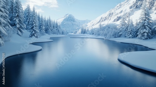 Frozen lake surrounded by snowcovered rocky mountains Bluetoned 3D illustration photo