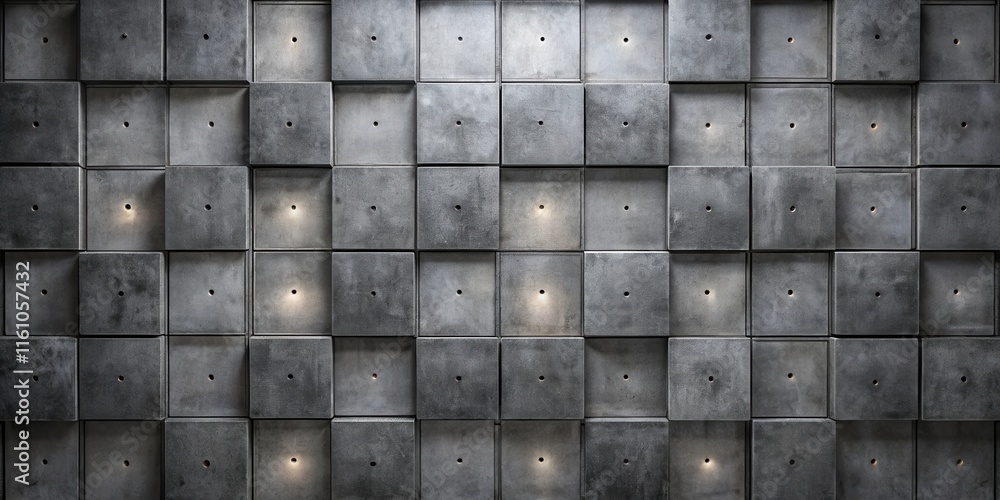 A repeating pattern of square concrete tiles with small holes, some illuminated with soft light. A repeating pattern of square concrete tiles with small holes, some illuminated with soft light.