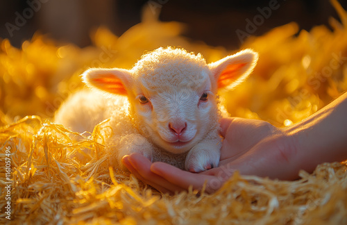 A baby lamb is laying in a hay bed with its head up. The lamb is looking at the camera with a curious expression.