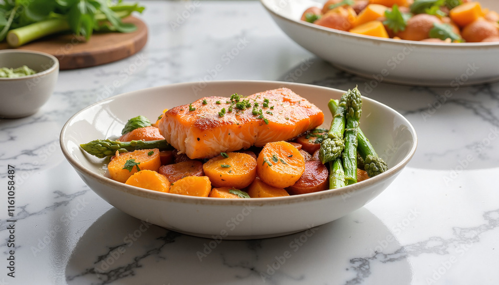 Baked salmon with asparagus and golden potatoes Baked salmon with asparagus and golden potatoes