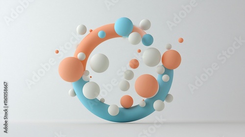Pastel spheres orbiting a circular form on white background.