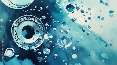 Flat illustration Underwater shot of nickel-plated components being electroplated, bubbles rising through blue solution