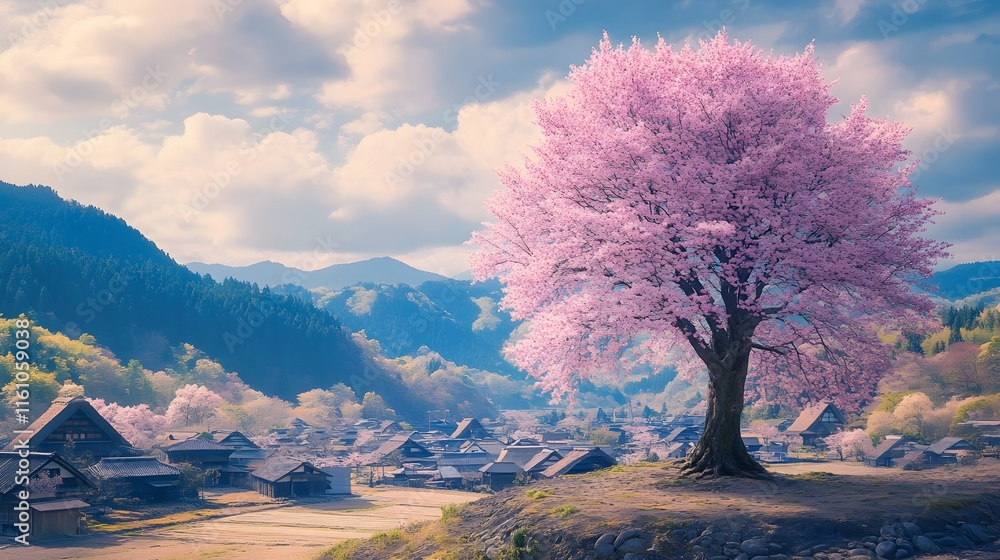 A magnificent and beautiful cherry blossom tree standing alone, with a peaceful and beautiful view of a Japanese village A magnificent and beautiful cherry blossom tree standing alone, with a peaceful and beautiful view of a Japanese village