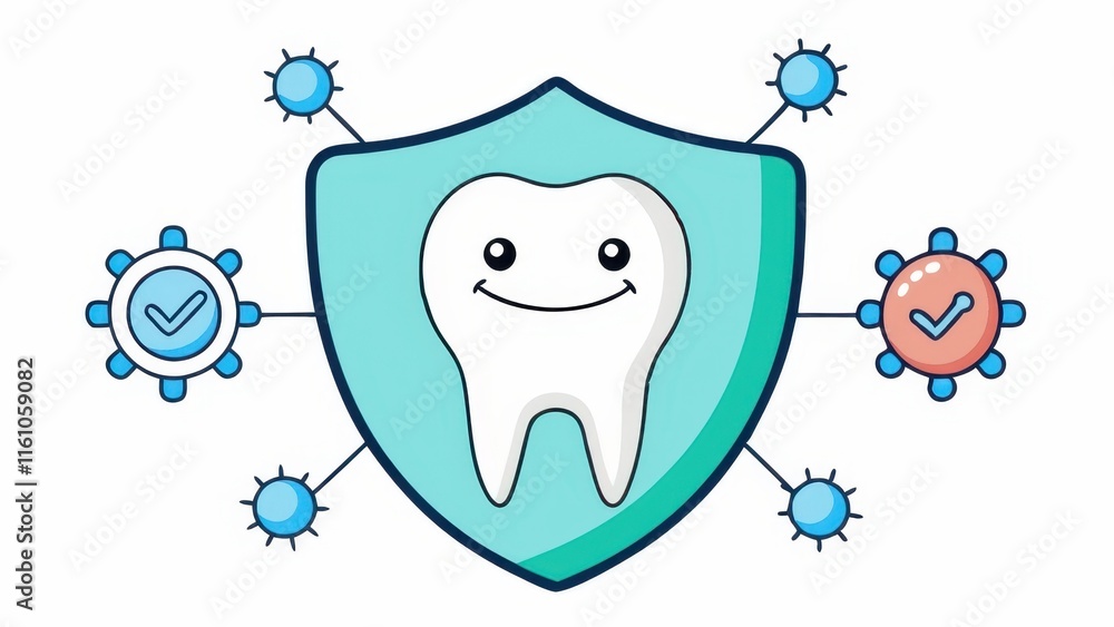 A cheerful tooth character is centered within a shield, symbolizing dental health protection, surrounded by icons representing care and safety. A cheerful tooth character is centered within a shield, symbolizing dental health protection, surrounded by icons representing care and safety.
