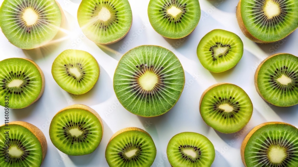 Fototapeta premium A vibrant arrangement of fresh kiwi slices bathed in warm sunlight, showcasing their juicy, green flesh and delicate seeds.