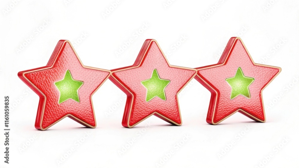 Three decorative red stars with green centers arranged symmetrically on a white background, evoking a festive or playful theme. Three decorative red stars with green centers arranged symmetrically on a white background, evoking a festive or playful theme.