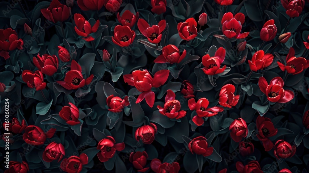 Dark red tulips bloom, dense floral cluster. Dark red tulips bloom, dense floral cluster.