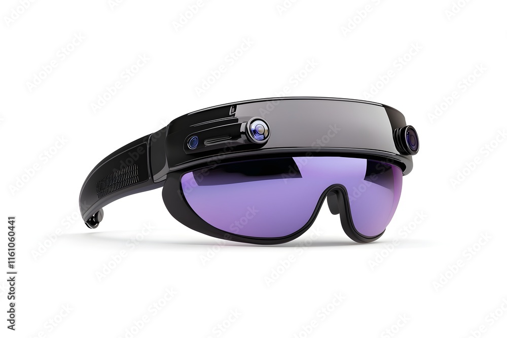 High-angle, studio shot of futuristic black VR glasses with integrated cameras and tinted purple lenses. High-angle, studio shot of futuristic black VR glasses with integrated cameras and tinted purple lenses.