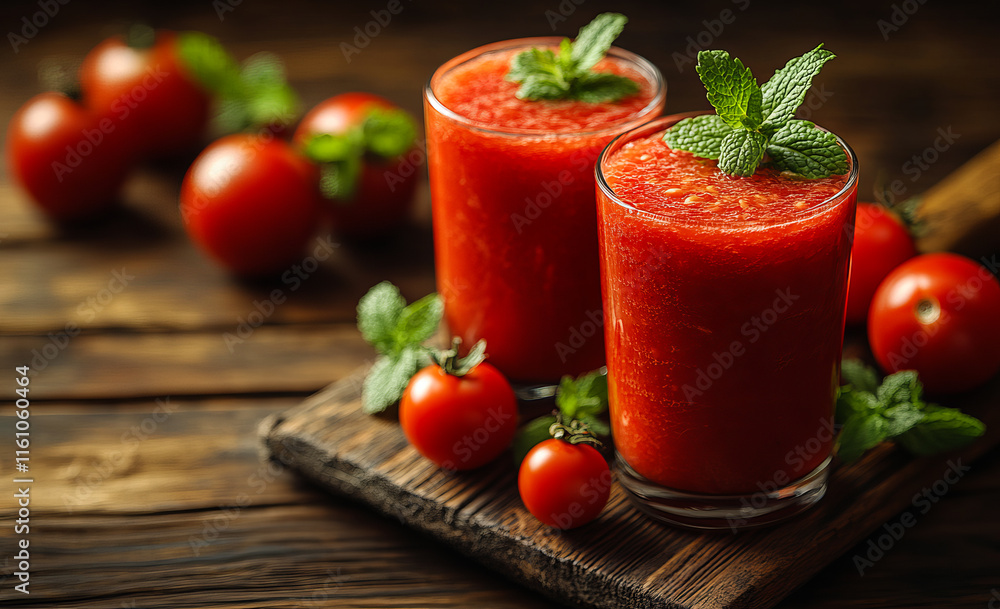 Two glasses of red juice with mint leaves on top. There are also several tomatoes on a wooden table Two glasses of red juice with mint leaves on top. There are also several tomatoes on a wooden table