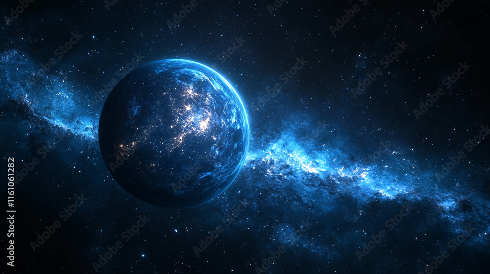 Vibrant blue planet against a cosmic backdrop with glowing stars and nebulae Vibrant blue planet against a cosmic backdrop with glowing stars and nebulae
