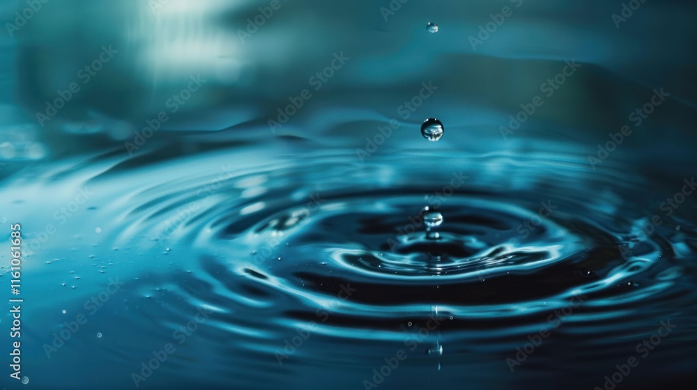 Water drops splash, forming concentric ripples, dark blue background. Water drops splash, forming concentric ripples, dark blue background.