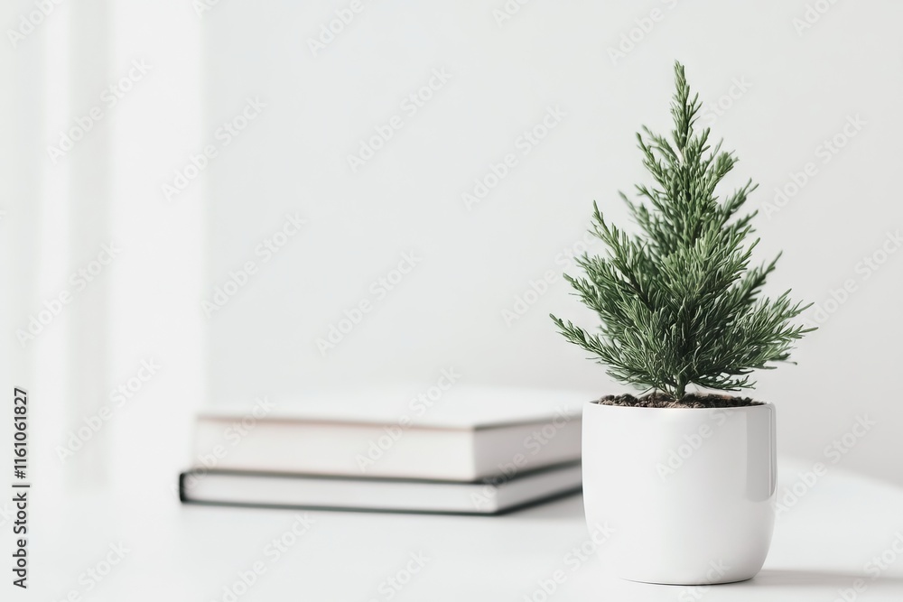 Fototapeta premium A small potted evergreen tree on a table with stacked books in the background.