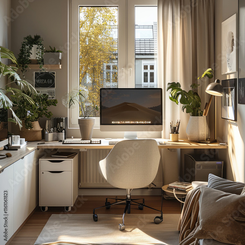 A cozy and stylish home office setup in a small living room. The space features a minimalist design with a compact yet functional desk, and ergonomic chair, and smart storage solutions. photo