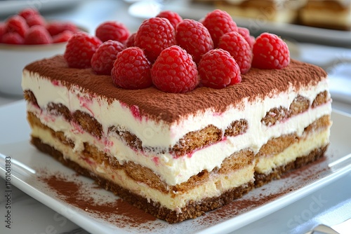 Summer dessert tiramisu with fresh raspberries and mascarpone cheese.