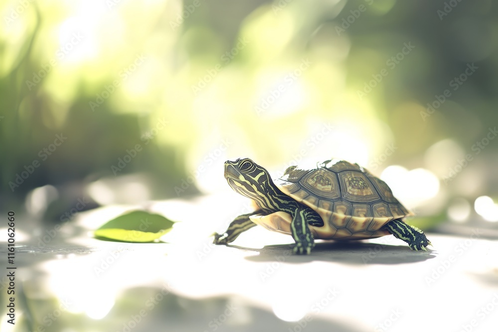 Obraz premium A small turtle walking on a sunlit surface surrounded by greenery.
