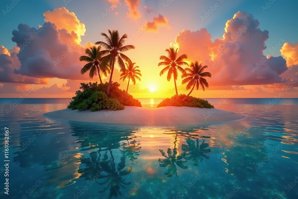 Fototapeta premium Sunset over a serene heart-shaped island with swaying palm trees and crystal clear waters, tranquility, heart shape