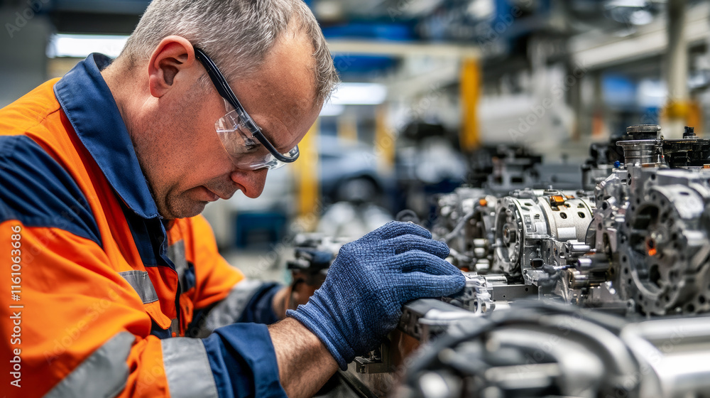 Car factory worker assembling electric motor on production line Car factory worker assembling electric motor on production line
