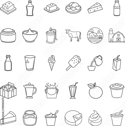 Dairy Products Icons Milk, Cheese, Yogurt, Butter, Farm, Ice Cream