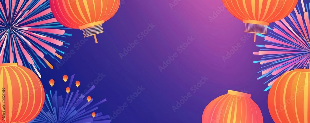 Fototapeta premium Chinese New Year theme background. Colorful lanterns and fireworks against a purple background, perfect for festive celebrations.