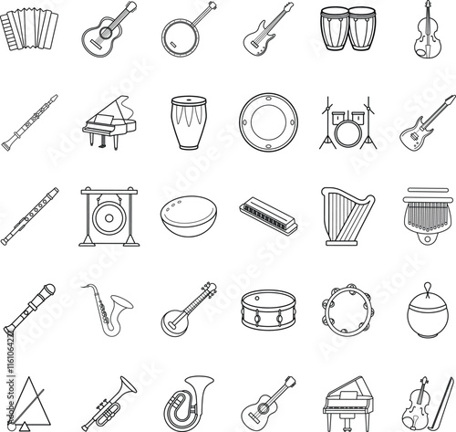 Musical Instruments Icons Strings, Percussion, Woodwinds, and Keys