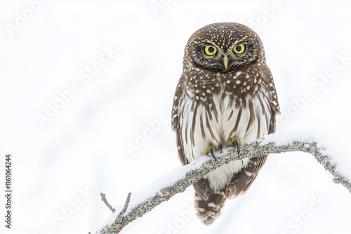 A small owl perched on a snowy branch, showcasing its striking yellow eyes and detailed plumage. photo