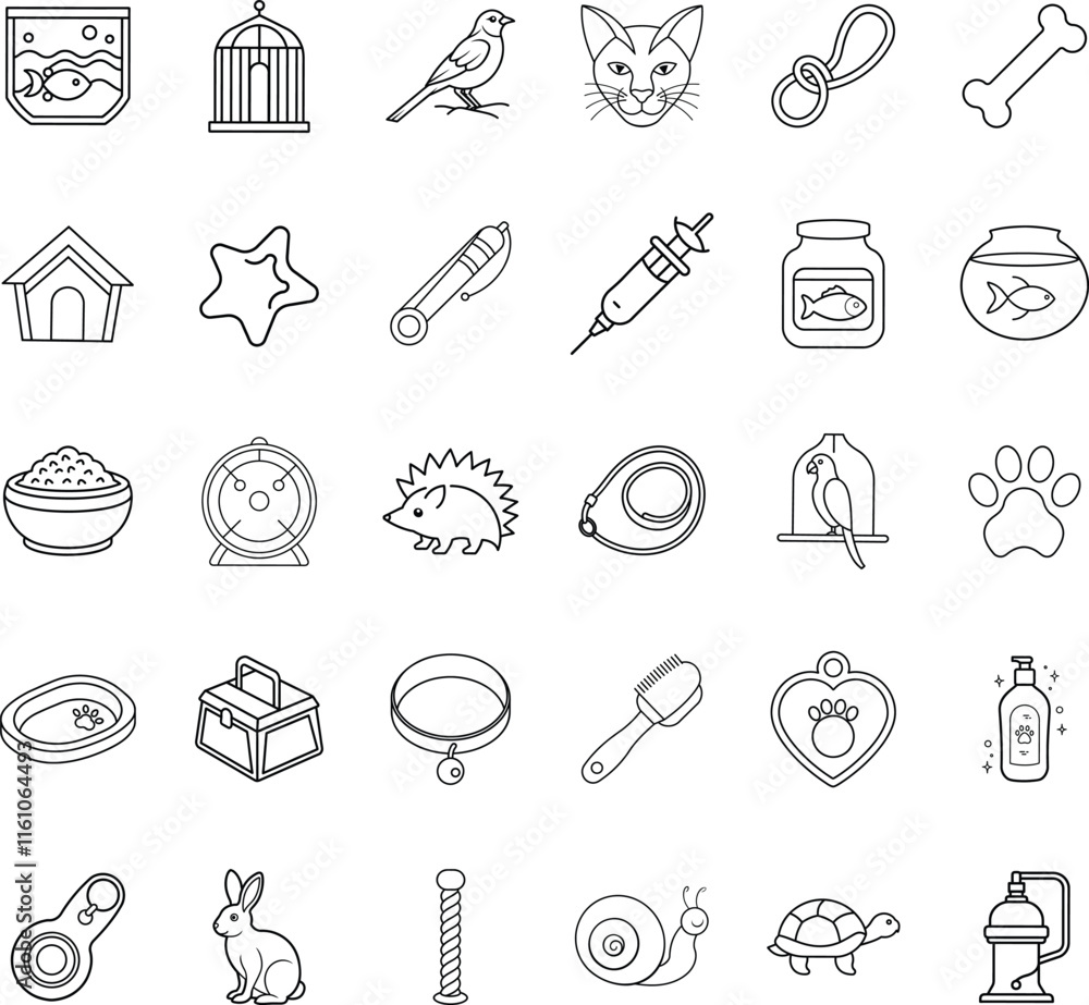 Fototapeta premium Pet Supplies Icons Fish, Birds, Cats, Dogs, and More
