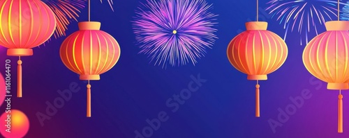 Chinese New Year theme background. Colorful lanterns against a festive backdrop of vibrant fireworks.