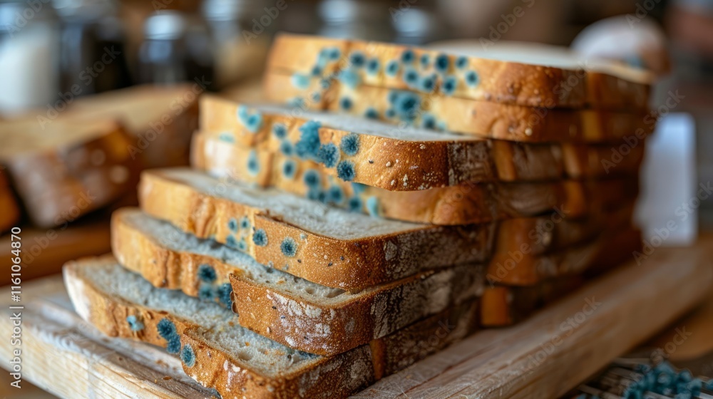 Slices of moldy bread with visible blue-green mold patches on them. Slices of moldy bread with visible blue-green mold patches on them.
