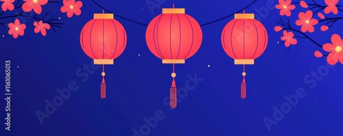 Chinese New Year theme background. Three red lanterns hang against a blue background with blossoms, symbolizing celebration and culture.
