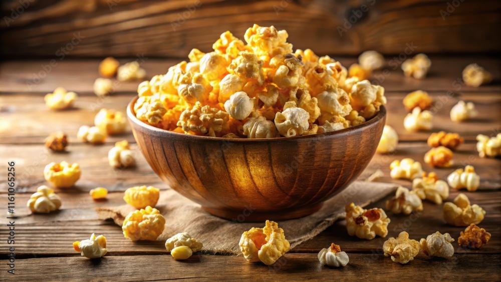 A wooden bowl brimming with fluffy, golden popcorn, scattered kernels add a touch of whimsy to the rustic wooden table. A wooden bowl brimming with fluffy, golden popcorn, scattered kernels add a touch of whimsy to the rustic wooden table.