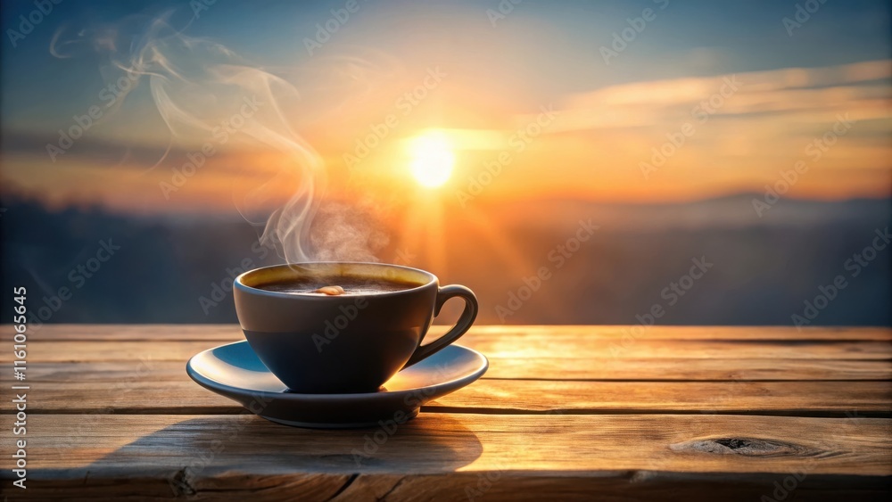 A steaming cup of coffee on a wooden table with a breathtaking sunrise in the background. A steaming cup of coffee on a wooden table with a breathtaking sunrise in the background.