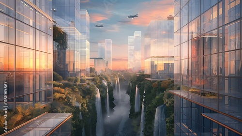 Futuristic Green Cityscape with Waterfalls at Sunset
