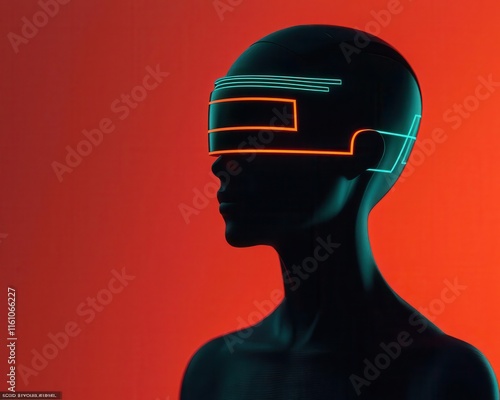 Cybernetic human concept highlighting technologys impact on consumer decisions, glowing overlays photo