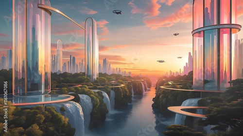 Futuristic Green Cityscape with Waterfalls at Sunset