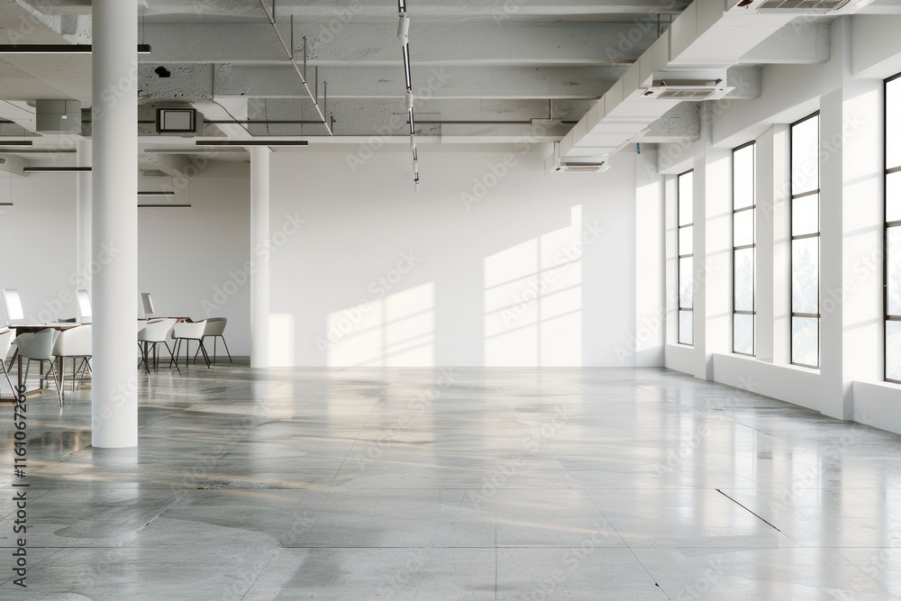 Empty modern office space with large windows and concrete floors. Sunlight streams through the windows, highlighting the minimalist interior design. Empty modern office space with large windows and concrete floors. Sunlight streams through the windows, highlighting the minimalist interior design.