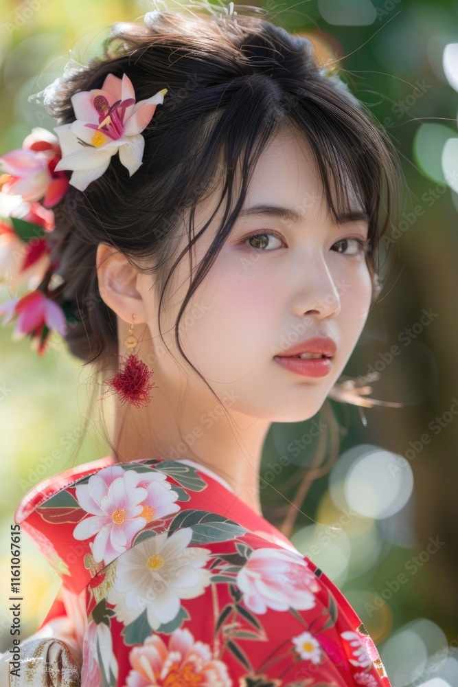 Fototapeta premium Graceful, detailed kimono and flower arrangement.