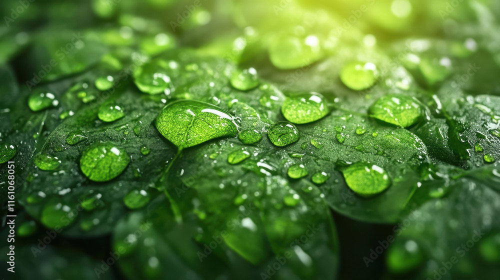 A close-up of green leaves adorned with glistening water droplets, showcasing nature's beauty and freshness in vibrant detail. A close-up of green leaves adorned with glistening water droplets, showcasing nature's beauty and freshness in vibrant detail.