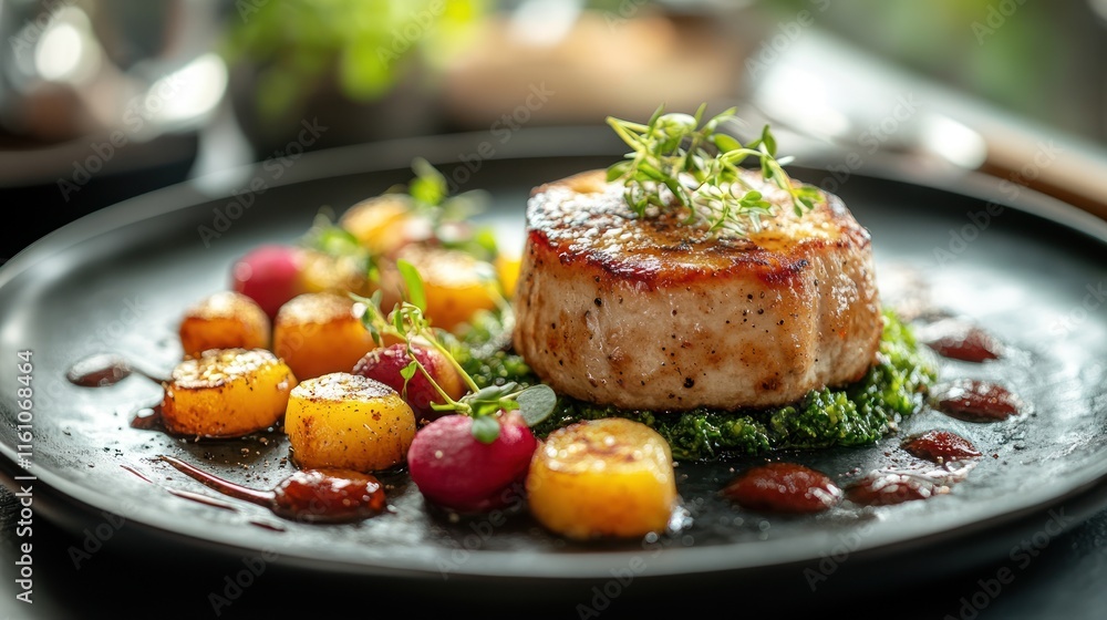 Gourmet dish featuring meat and colorful vegetables. Gourmet dish featuring meat and colorful vegetables.
