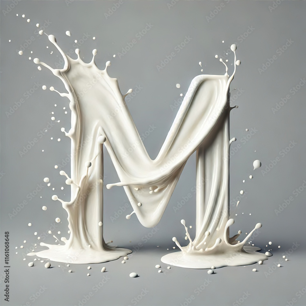 Milk splash in the shape of the letter number M, grey background Milk splash in the shape of the letter number M, grey background