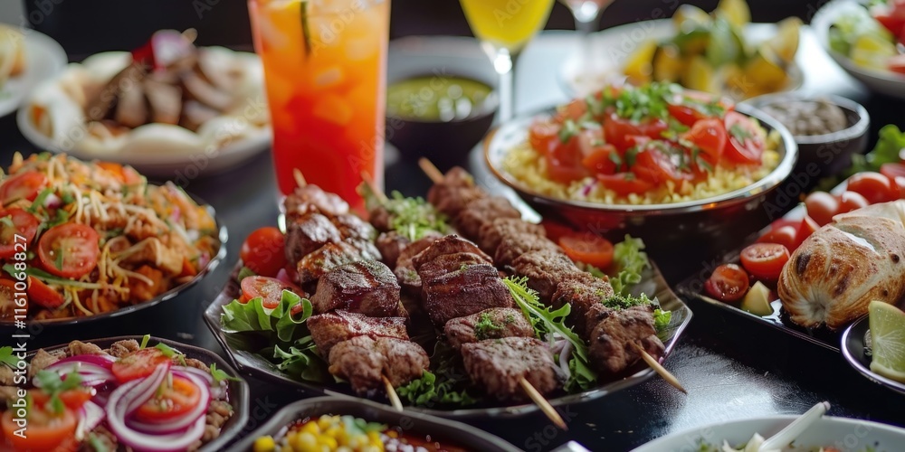 Obraz premium Brightly colored kebabs on black plates, ready to serve at a social event or gathering.