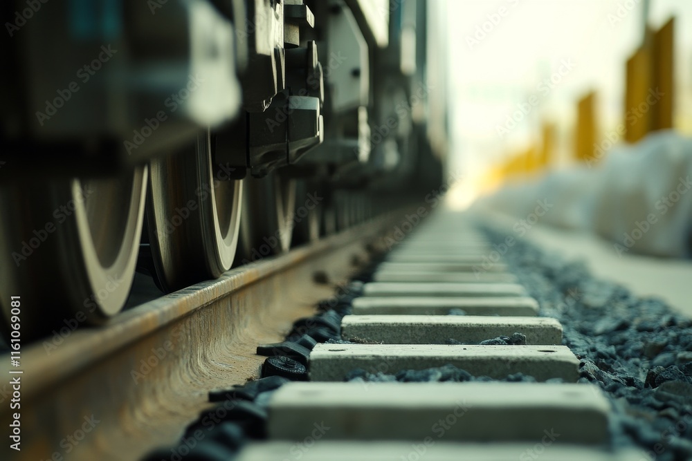 Close-up view of train wheels on tracks, highlighting transportation infrastructure. Close-up view of train wheels on tracks, highlighting transportation infrastructure.