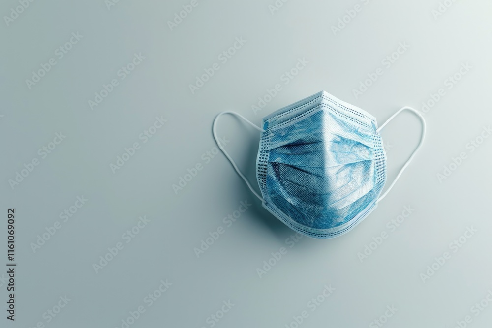 Blue surgical mask is on a white background. The mask is made of plastic and has a white handle Blue surgical mask is on a white background. The mask is made of plastic and has a white handle